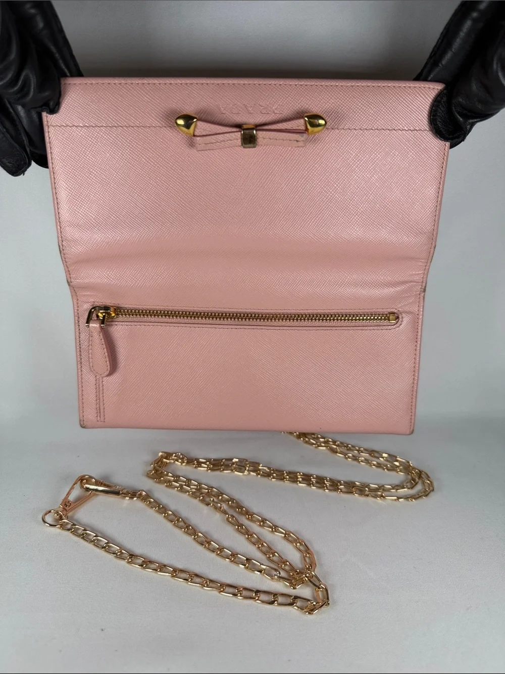 Authentic Prada Pink Bow-Detail Wallet with chain